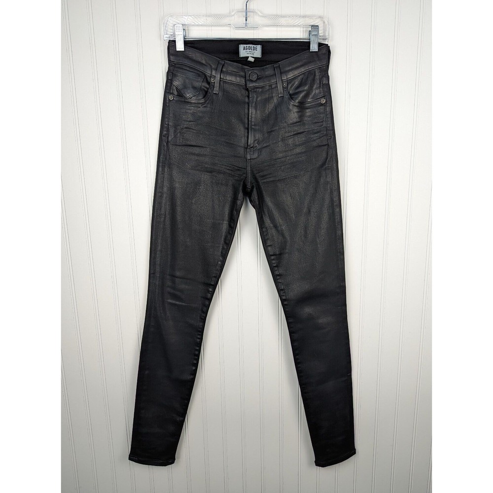 Agolde Womens Waxed Jeans Shiny Black Stretch Denim Size 27 Biker Party Stylish
